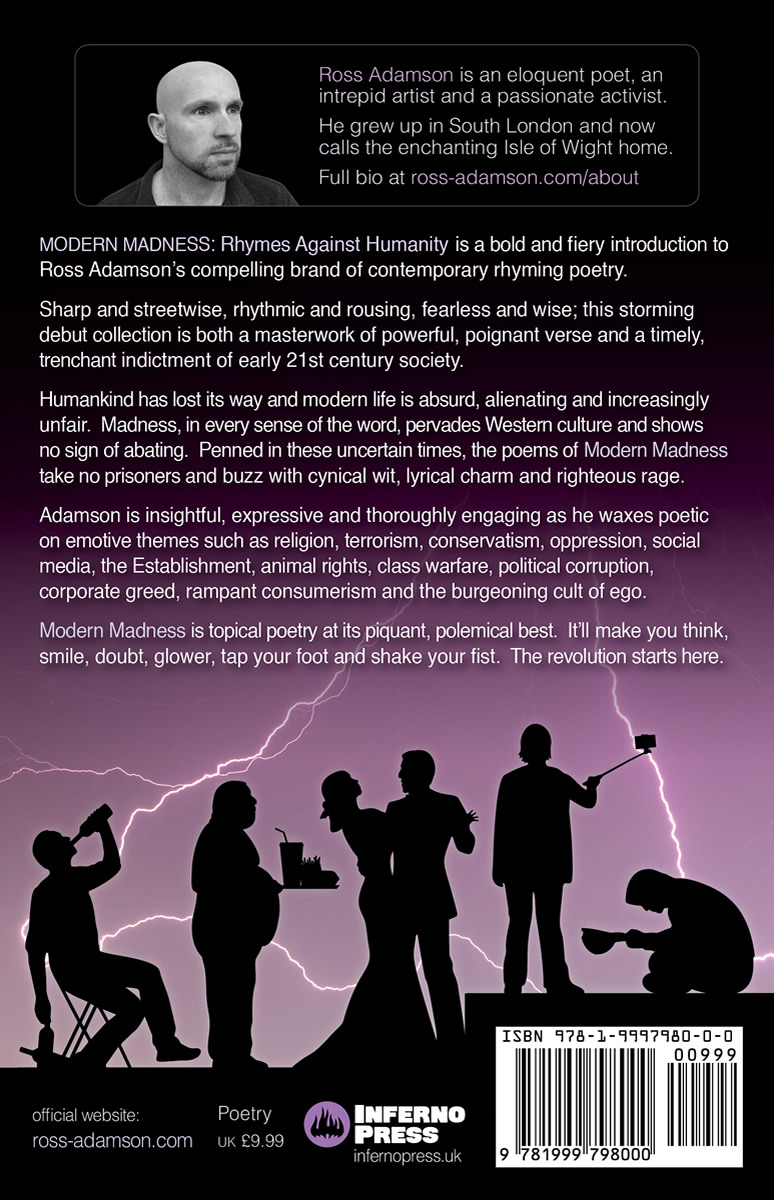 Back cover image of the poetry collection Modern Madness: Rhymes Against Humanity, by poet Ross Adamson