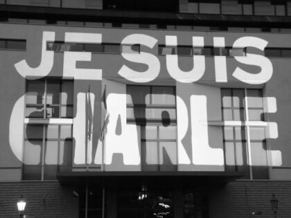 Je suis Charlie is projected on the French Embassy in Berlin, following the Charlie Hebdo attack in Paris on 07/01/15.