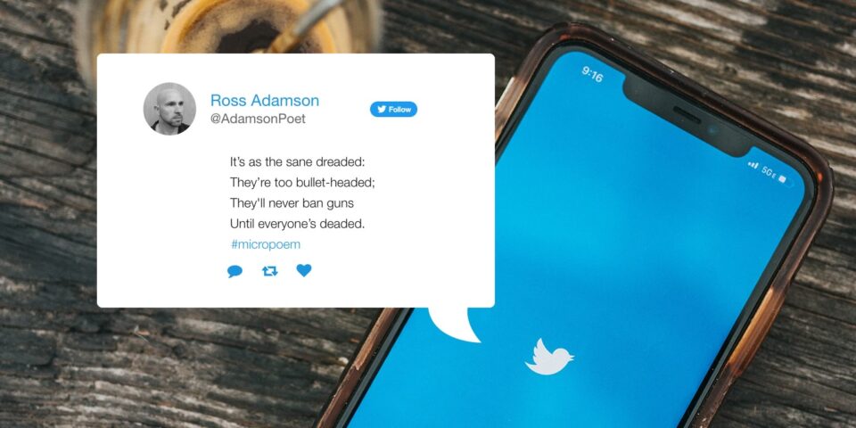 Image of a micropoem by poet Ross Adamson; background photo of the Twitter app on an iPhone next to an espresso coffee on a weather-beaten table.